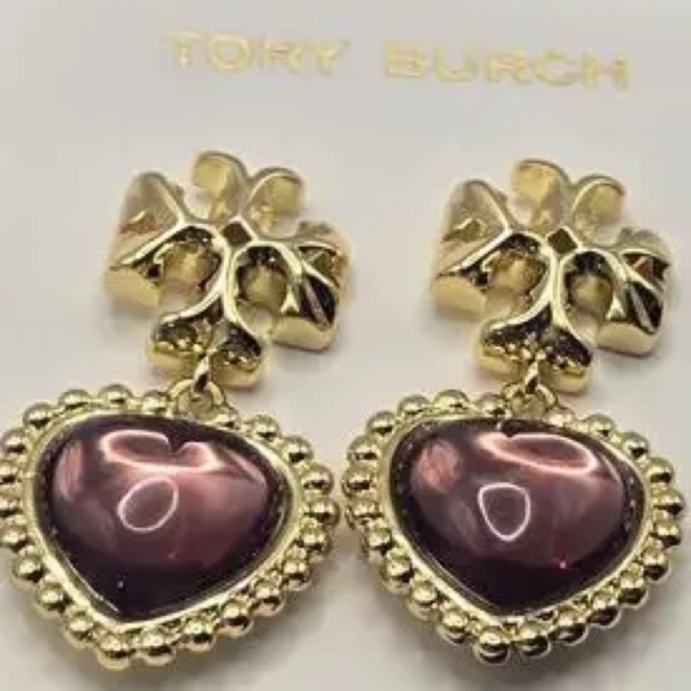 TORY BURCH ROXANNE GOLD LOGO PURPLE HEART DROP EARRINGS - Picture 8 of 9